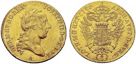 MONETE STRANIERE
AUSTRIA
Josef II, 1765-1790. Doppio Ducato 1786, A. Au gr. 6,98 J. 23; Fried. 437. Rara. Più che SPL