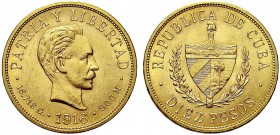 MONETE STRANIERE
CUBA
Repubblica, 1902-1962. 10 Pesos 1916. Au gr. 16,67 KM#20; Fried. 3. SPL