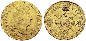 MONETE STRANIERE
FRANCIA
Luigi XIV, 1643-1715. Louis d'or aux quatre L 1696, Montpellier. Au gr. 6,68 Duplessy 1440A; Fried. 433. Raro. q. SPL