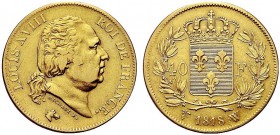 MONETE STRANIERE
FRANCIA
Luigi XVIII, secondo governo, 1815-1824. 40 Franchi 1818 W, Lille. Au gr. 12,77 Gad. 1092; Fried. 536. Buon BB