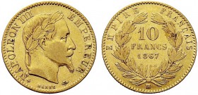 MONETE STRANIERE
FRANCIA
Napoleone III, 1852-1870. 10 Franchi 1867 BB, Strasburgo. Au gr. 3,19 Gad. 1015; Fried. 587. Buon BB