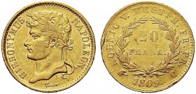 MONETE STRANIERE
GERMANIA
Westphalie. Hieronymus Napoleon, 1807-1813. 20 Franchi 1809. Au gr. 6,41 Divo/S 218; Fried. 3517. Raro. q. SPL