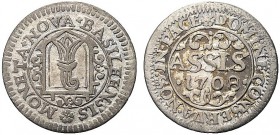 MONETE STRANIERE
SVIZZERA
Johan-Corrado II, 1705-1737. Basilea. Assis 1708. Mi gr. 1,21 KM#135. BB