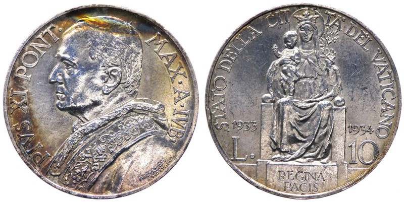 Stato Pontificio - Vaticano - Pio XI (1922-1939) 10 Lire 1933-1934 - Ag - Patina...