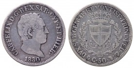 Carlo Felice (1821-1831) 50 Centesimi 1830 Torino - (RRR) RARISSIMA - Ag
BB+