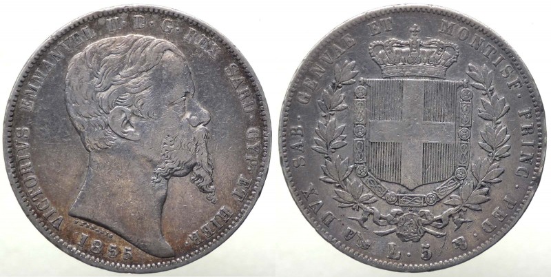 Vittorio Emanuele II (1849-1861) 5 Lire 1855 Genova - Tiratura 83.769 esemplari ...