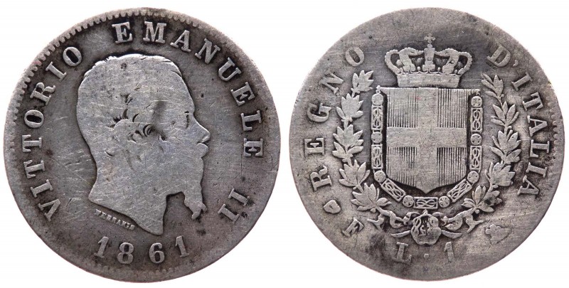 Vittorio Emanuele II (1861-1878) 1 Lira 1861 "Stemma" Firenze - Tiratura 431.545...