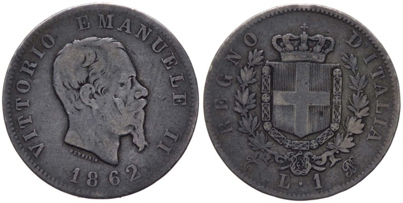 Vittorio Emanuele II (1861-1878) 1 Lira 1862 "Stemma" Torino - Tiratura 105.447 ...