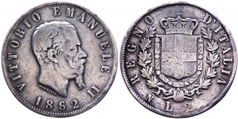 Vittorio Emanuele II (1861-1878) 2 Lire 1862 "Stemma" Napoli - Tiratura 61.948 e...