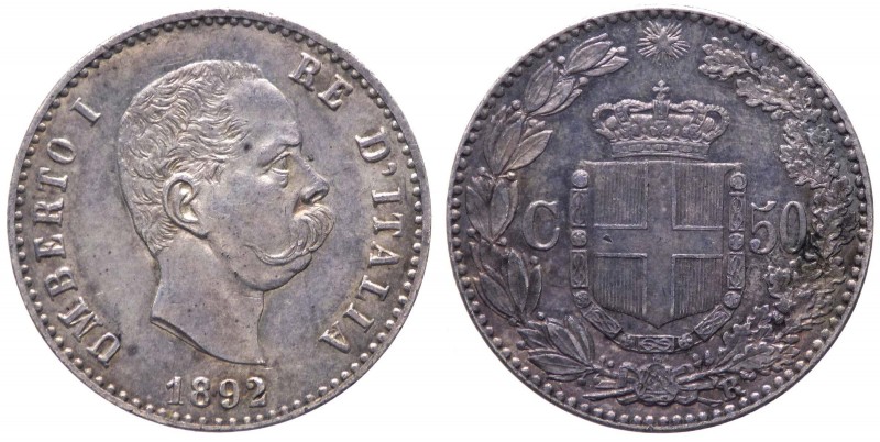 Umberto I (1878-1900) 50 Centesimi 1892 Roma - (RR) MOLTO RARA - Tiratura 148.33...