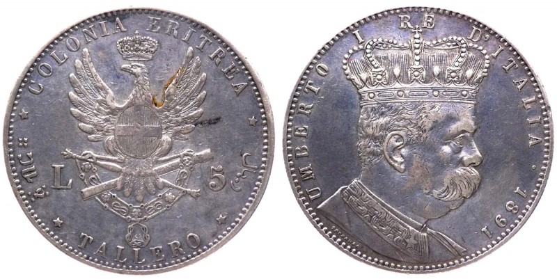 Eritrea - Umberto I (1890-1896) 5 Lire o Tallero 1891 - (R) RARA - Ag 
BB/SPL