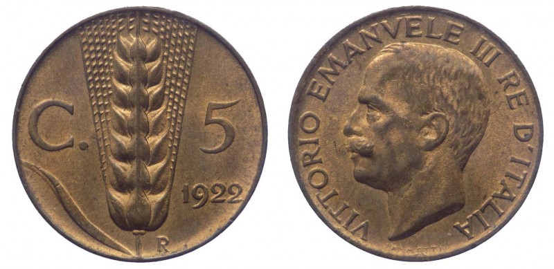 Vittorio Emanuele III (1900-1943) 5 Centesimi "Spiga" 1922 - Cu - RAME ROSSO
FD...