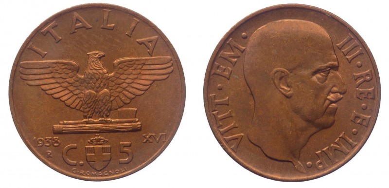 Vittorio Emanuele III (1900-1943) 5 Centesimi "Impero" 1938 XVI - RAME ROSSO
FD...