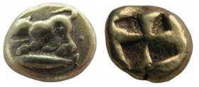 El Hekte
Mysia. Kyzikos, c. 500-450 BC, Liones or panther at bay left atop tunny fish left / Quadripartite incuse square
12 mm, 2,68 g
Von Fritze I...