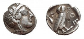 Tetradrachm
Attica, Athens. c. 454-404 BC. Helmeted head of Athena right, with frontal eye / Owl standing right, head facing; olive sprig and crescen...