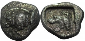Hemiobol AR
Mysia, Kyzikos. c.450-400 BC, Forepart of boar left; to right, tunny upward / Head of roaring lion left; star to upper left; all within i...