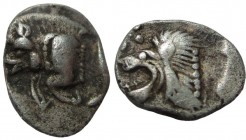 Obol AR
Mysia, Kyzikos. c. 450-400 BC. AR Hemiobol, Forepart of boar left; to right, tunny upward / Head of roaring lion left; star to upper left; al...