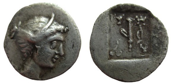 1/4 Drachm AR
Lycian League, Masicytes (c. 27-20 BC). Draped bust of Artemis le...