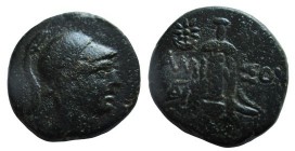 Bronze Æ
Pontos. Amisos, c. 100-85 BC, Struck under Mithradates VI, Helmeted head of Ares right / AMSOY, sword in sheath
20 mm, 8,67 g
HGC 7, 241