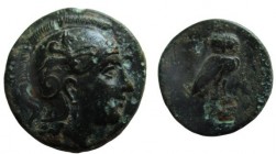 Bronze AE
Aeolis, Neonteichos, 3rd-2nd centuries BC, Head of Athena r., wearing crested Attic helmet / Owl standing r.
16 mm, 3,94 g