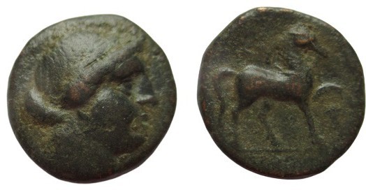 Bronze Æ
Aeolis, Kyme, c. 250-200 BC, Head of the Amazon Kyme r. R / Horse step...