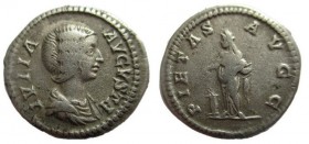 Denarius AR
Julia Domna. Augusta (193-217), Rome. Struck under Septimius Severus, circa AD 200-207. Draped bust right / Pietas standing left, holding...