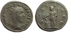 Antoninian AG
Philip the Arab (244-249), Rome
IMP M IVL PHILIPPVS AVG; radiate, draped and cuirassed bust right / SALVS AVG; Salus standing left, ho...