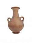 Amphora with brown painting in form of lines and metopes. Byzantine, 500 - 650 A.D. Tiny splinter of the mouth is missing, height 19,9 cm