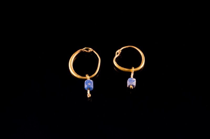 Pair of Byzantine Gold Earrings with blue stone pendants, c. 6th-8th century A.D...