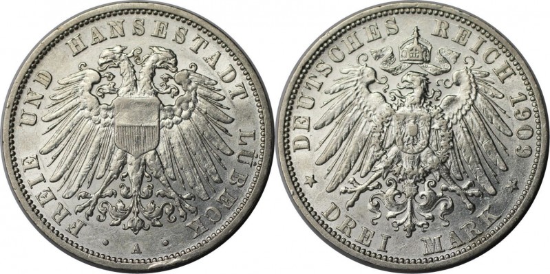 Deutsche Münzen und Medaillen ab 1871, REICHSSILBERMÜNZEN, Lübeck. 3 Mark 1909 A...