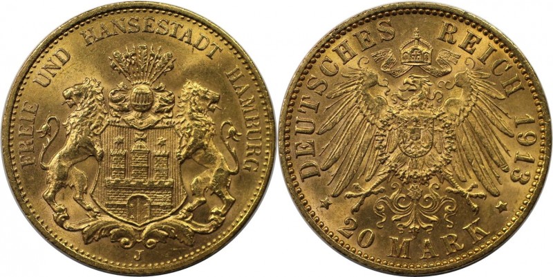 Deutsche Münzen und Medaillen ab 1871, REICHSGOLDMÜNZEN, Hamburg. 20 Mark 1913 J...