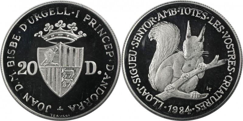 Europäische Münzen und Medaillen, Andorra. Eichhörnchen. 20 Diners 1984, Silber....