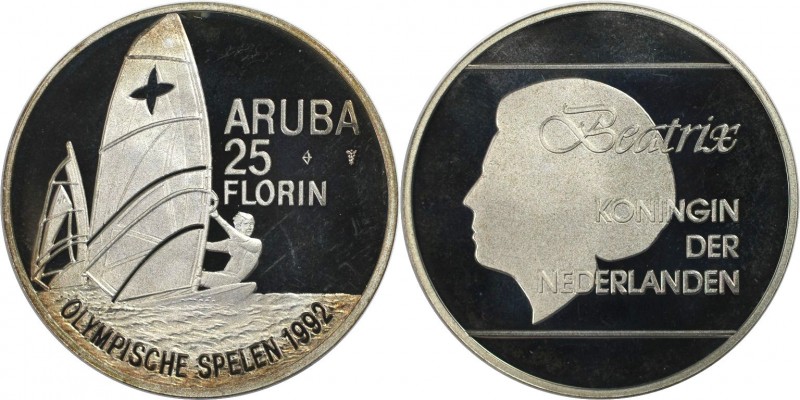 Weltmünzen und Medaillen, Aruba. Windsurfer. 25 Florin 1992, Silber. 0.74 OZ. KM...
