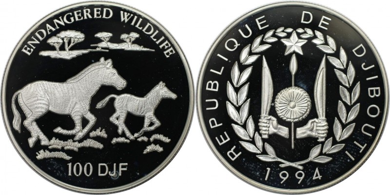 Weltmünzen und Medaillen, Dschibuti / Djibouti. Zebras. 100 Francs 1994, Silber....