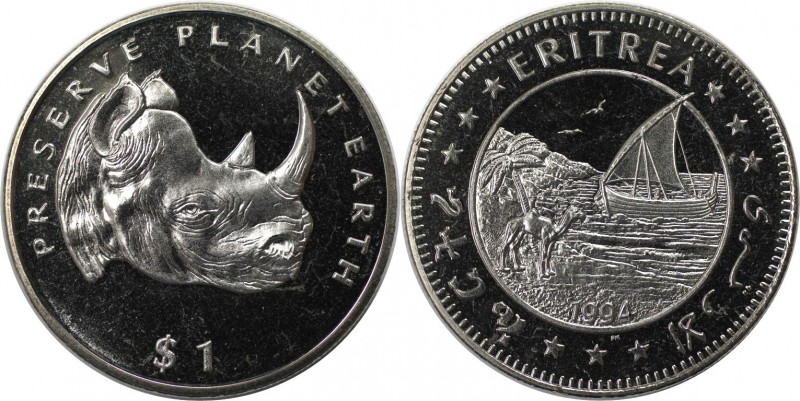 Weltmünzen und Medaillen, Eritrea. Black Rhinoceros. 1 Dollar 1994, Kupfer-Nicke...