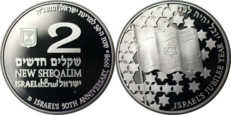 Weltmünzen und Medaillen, Israel. Flagge von Israel. 2 New Sheqalim 1998, Silber...