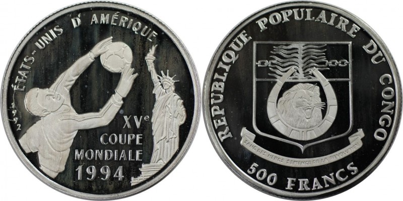 Weltmünzen und Medaillen, Kongo / Congo. WM-Fußball. 500 Francs 1992, Silber. 0....