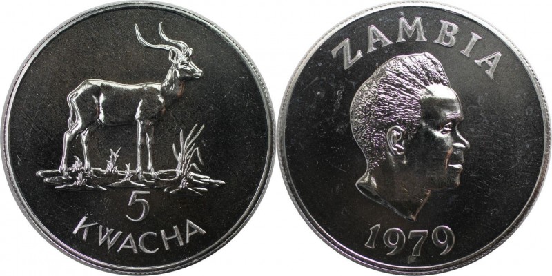 Weltmünzen und Medaillen, Sambia / Zambia. Antilope. 5 Kwacha 1979, Silber. 0.75...