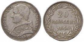Bologna – Gregorio XVI (1831-1846) - 20 Baiocchi 1840 An. X - Gig. 112 R
Appiccagnolo rimosso.
BB+