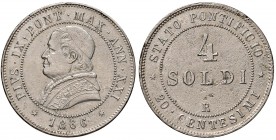Roma – Pio IX (1846-1870) - 4 Soldi 1866 An. XXI - Gig. 316 C
Colpetti, argentato.
BB+