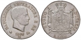 Milano – Napoleone (1805-1814) - 5 Lire 1808 - Gig. 97 a RR
Entrambe le A di NAPOLEONE IMPERATORE senza stanghetta.
SPL