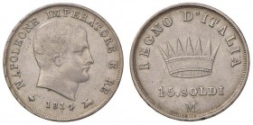 Milano – Napoleone (1805-1814) - 15 Soldi 1814 - Gig. 174 RR
371 pezzi coniati.
qSPL/SPL