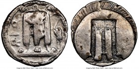 BRUTTIUM. Croton. Ca. 480-430 BC. AR stater (24mm, 12h). NGC Choice Fine, punch mark. ϘPO, tripod with leonine feet on thick dotted exergual line; her...