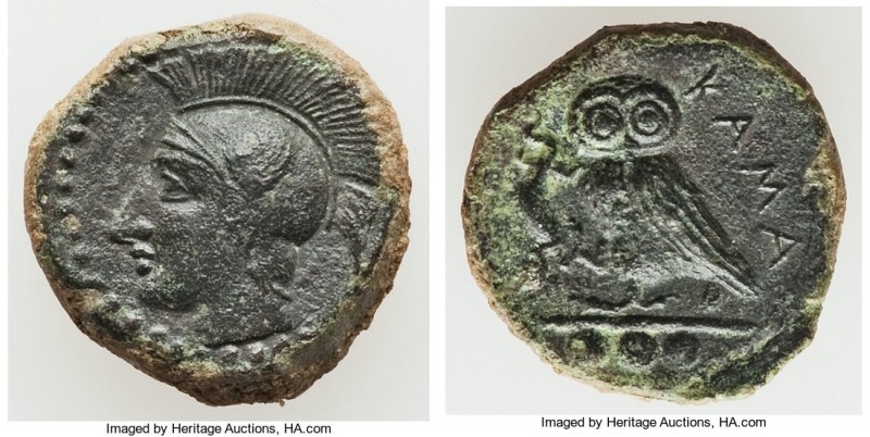 SICILY. Camarina. Ca. 420-405 BC. AE tetrantes or trionkia (15mm, 3.42 gm, 2h). ...