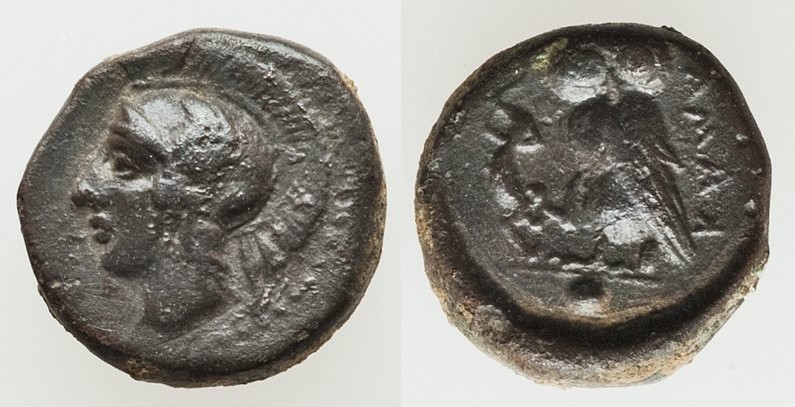 SICILY. Camarina. Ca. 420-405 BC. AE onkia (11mm, 1.39 gm, 9h). VF. Ca. 410-405 ...