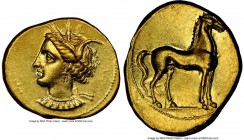 ZEUGITANA. Carthage. Ca. 350-320 BC. AV stater (20mm, 9.43 gm, 9h). NGC Choice AU 5/5 - 4/5. Bust of Tanit left, hair wreathed with barley ears, weari...