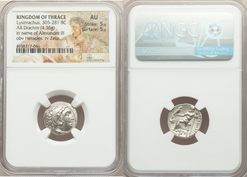 THRACIAN KINGDOM. Lysimachus (305-281 BC). AR drachm (17mm, 4.36 gm, 1h). NGC AU...