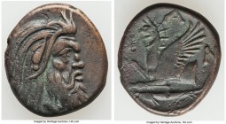 CIMMERIAN BOSPORUS. Panticapaeum. 4th century BC. AE (22mm, 6.80 gm, 6h). VF. Head of bearded Pan right / Π-A-N, forepart of griffin left, sturgeon le...
