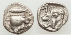 MYSIA. Cyzicus. Ca. 5th century BC. AR obol (9mm, 0.89 gm, 8h). Choice XF. Forepart of boar left, tunny upward behind / Head of lion left; retrograde ...