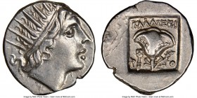 CARIAN ISLANDS. Rhodes. Ca. 88-84 BC. AR drachm (15mm, 11h). NGC Choice AU. Plinthophoric standard, Callixein(os), magistrate. Radiate head of Helios ...
